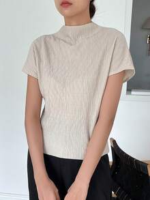 DAZY Solid Mock Neck Batwing Sleeve Tee - Khaki - View 6