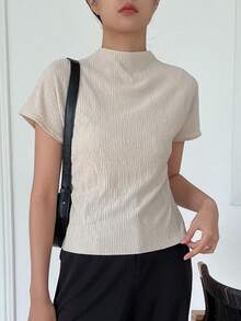 DAZY Solid Mock Neck Batwing Sleeve Tee - Khaki - View 7