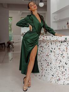 Glamaker Đầm Nút Xù Trọn gói Dây kéo màu trơn Thanh lịch - Màu xanh lá cây đậm - Xem 5