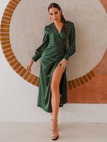 Glamaker Đầm Nút Xù Trọn gói Dây kéo màu trơn Thanh lịch - Màu xanh lá cây đậm - Xem 7