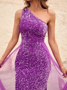 Đầm Tương phản Mesh ghép mộng kim sa Dây kéo Tách cao màu trơn Buổi tiệc - Màu tím - Xem 6