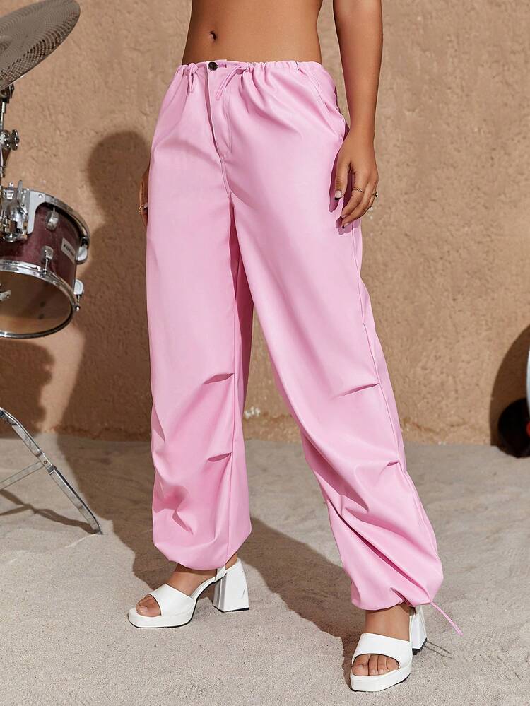 Street Drawstring Waist PU Leather Cargo Parachute Pants - Pink - View 4