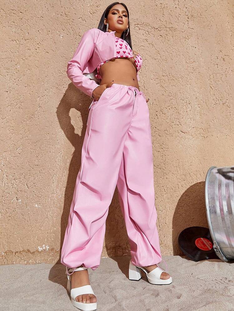 Street Drawstring Waist PU Leather Cargo Parachute Pants - Pink - View 5