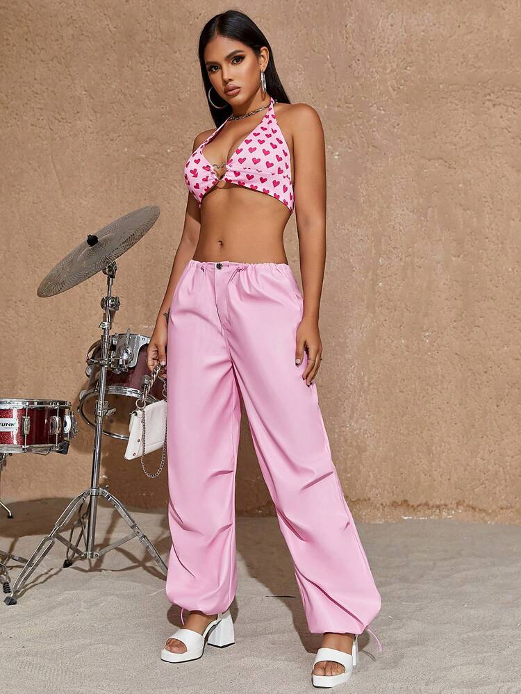 Street Drawstring Waist PU Leather Cargo Parachute Pants - Pink - View 6