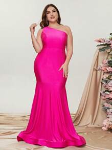 Faeriesty Plus One Shoulder Mermaid Hem Satin Formal Dress - Hot Pink - View 5
