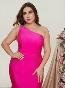 Faeriesty Plus One Shoulder Mermaid Hem Satin Formal Dress - Hot Pink - View 6