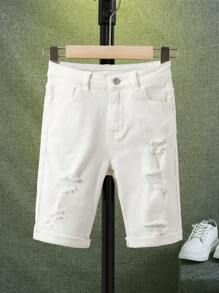 SHEIN Chicos Shorts en mezclilla desgarro crudo - Blanco - Ver 1