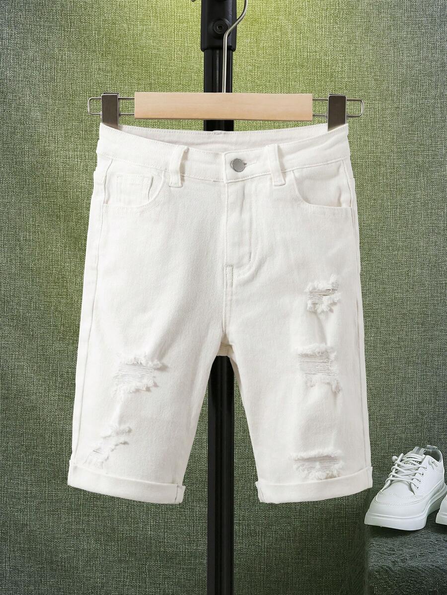 SHEIN Chicos Shorts en mezclilla desgarro crudo - Blanco - Ver 1