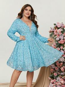 Plus Mesh Insert Lantern Sleeve Sequin Dress - Mint Blue - View 1