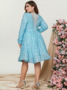 Plus Mesh Insert Lantern Sleeve Sequin Dress - Mint Blue - View 2