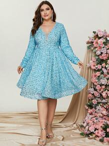 Plus Mesh Insert Lantern Sleeve Sequin Dress - Mint Blue - View 4