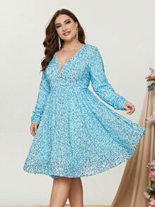 Plus Mesh Insert Lantern Sleeve Sequin Dress - Mint Blue - View 6