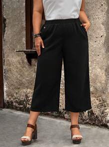 EMERY ROSE 大碼素色斜口袋七分褲 - 黑色 - 查看 3