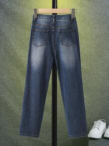 SHEIN Boys Gingham Ripped Frayed Bleach Wash Jeans - Dark Wash - View 2