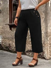 EMERY ROSE 大碼素色斜口袋七分褲 - 黑色 - 查看 5