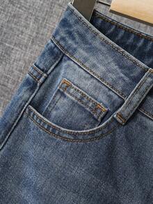 SHEIN Boys Gingham Ripped Frayed Bleach Wash Jeans - Dark Wash - View 3