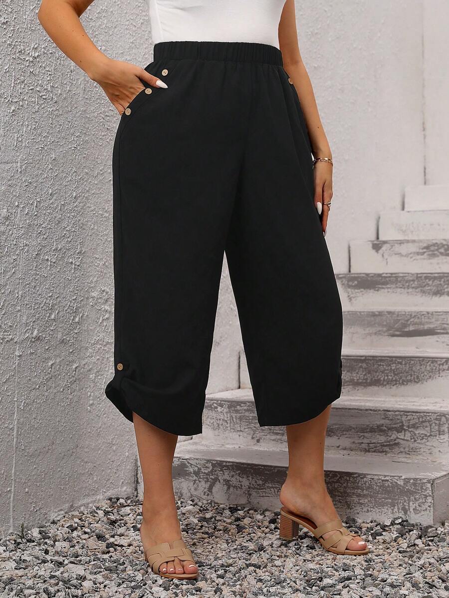 EMERY ROSE 大碼素色斜口袋七分褲 - 黑色 - 查看 1