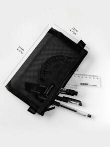 1pc Plain Mesh Pencil Case - Black - View 4