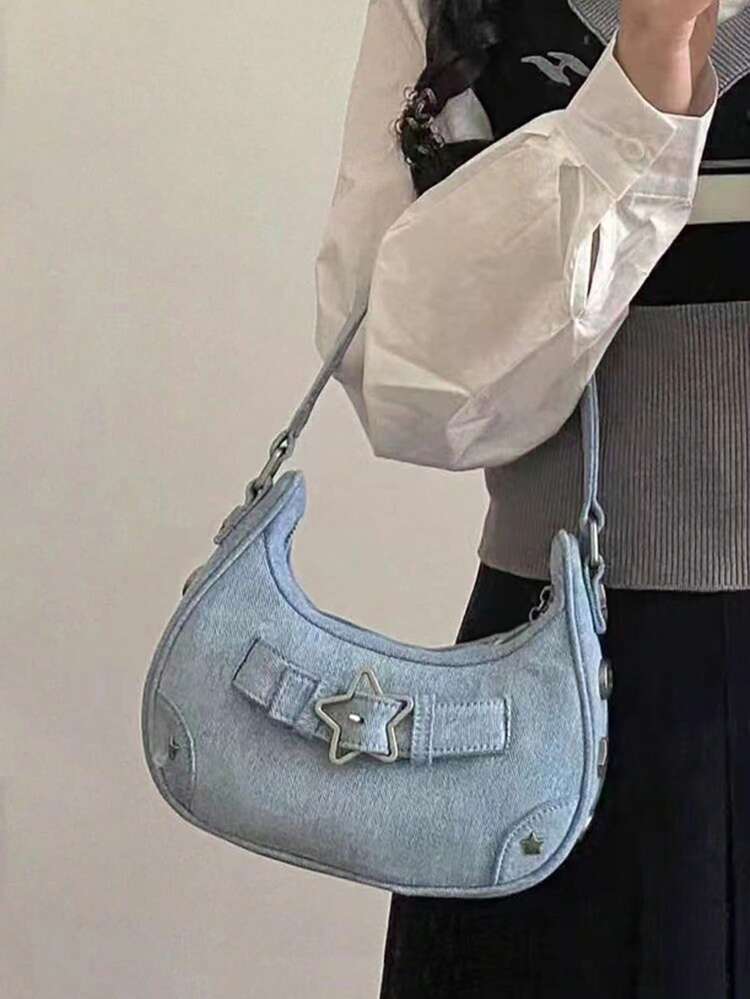 小流浪包扣飾和星形裝飾素色牛仔包 - 淺藍色 - 查看 2