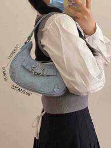 小流浪包扣飾和星形裝飾素色牛仔包 - 淺藍色 - 查看 3