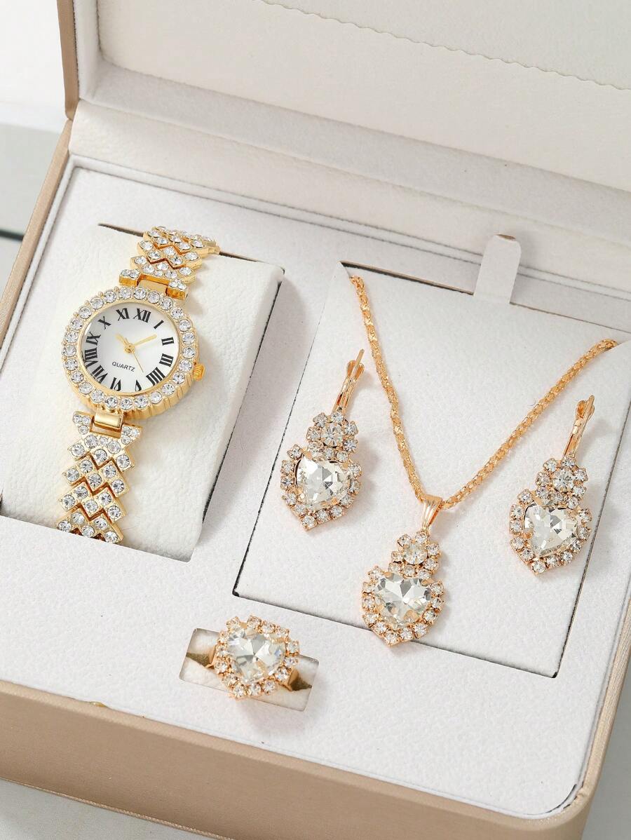 Reloj cuarzo con diseño de diamante de imitación & 4 piezas Set joya con diseño de diamante de imitación - Dorado - Ver 1