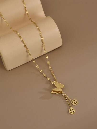 1 件时尚优雅蝴蝶流苏吊坠不锈钢项链，适合女士派对、日常佩戴、欧美风格、个性化、大方、方晶锆石、婚礼珠宝、女孩礼物、亲戚、朋友、生日、情人节、爱人礼物