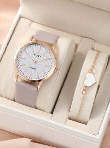 SOKI 1入組金屬亮絲錶盤圓形指針石英手錶和1入組手環 - 灰色 - 查看 1