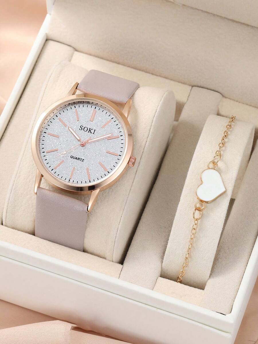SOKI 1入組金屬亮絲錶盤圓形指針石英手錶和1入組手環 - 灰色 - 查看 1