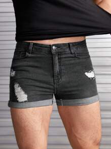 GENTILAND Men Cotton Ripped Frayed Roll Hem Denim Shorts - Black - View 1
