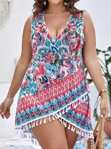 SHEIN Swim Curve 大碼佩斯利印花流蘇邊圍裹洋裝 - 彩色 - 查看 1