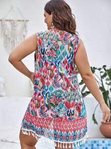 SHEIN Swim Curve 大碼佩斯利印花流蘇邊圍裹洋裝 - 彩色 - 查看 2