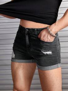 GENTILAND Men Cotton Ripped Frayed Roll Hem Denim Shorts - Black - View 4