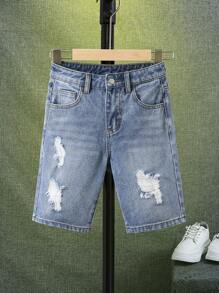 SHEIN Boys Ripped Frayed Bleach Wash Denim Shorts - Light Wash - View 1