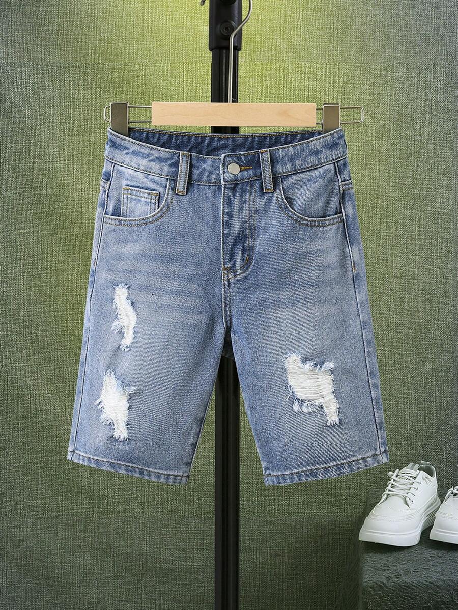 SHEIN Boys Ripped Frayed Bleach Wash Denim Shorts - Light Wash - View 1