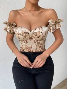 Breezaya Top gráfico de mujer con estampado floral, cordones, espalda descubierta y tirantes anchos - Albaricoque - Ver 2