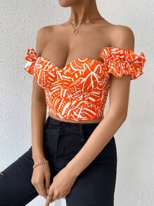 SHEIN Privé 滿版印花褶邊露背繫帶上衣 - 橘色 - 查看 2