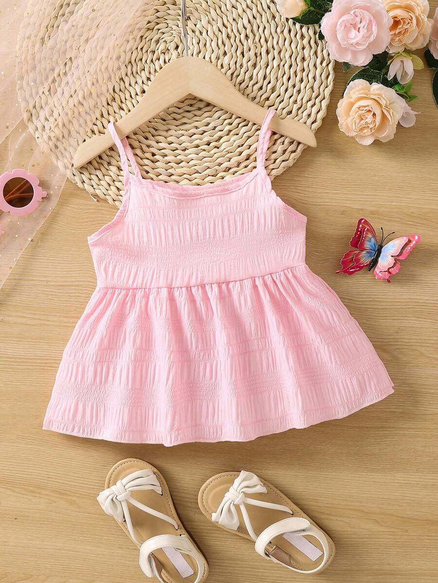 SHEIN Niñas Top de tirantes unicolor bajo con fruncido - Rosa Pálido - Ver 1