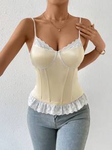 SHEIN Privé Áo khoác và áo lót dành cho xe tăng nữ Tương phản ren Viên lá sen Khối Màu Thanh lịch - Rượu sâm banh - Xem 2