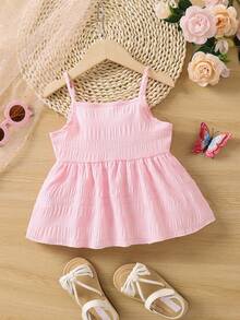 SHEIN Niñas Top de tirantes unicolor bajo con fruncido - Rosa Pálido - Ver 2