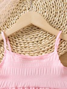 SHEIN Niñas Top de tirantes unicolor bajo con fruncido - Rosa Pálido - Ver 3