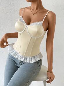 SHEIN Privé Áo khoác và áo lót dành cho xe tăng nữ Tương phản ren Viên lá sen Khối Màu Thanh lịch - Rượu sâm banh - Xem 1