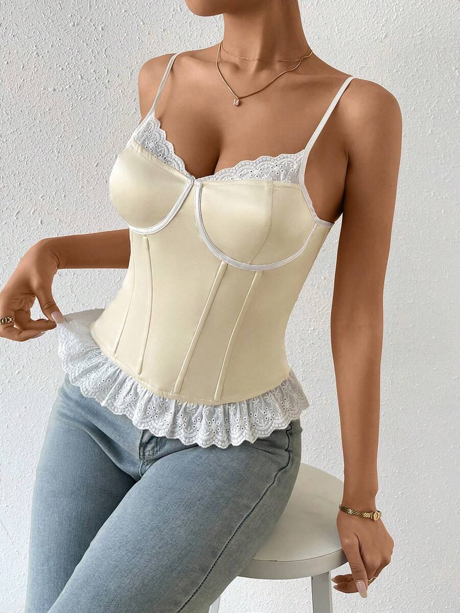 SHEIN Privé Áo khoác và áo lót dành cho xe tăng nữ Tương phản ren Viên lá sen Khối Màu Thanh lịch - Rượu sâm banh - Xem 1