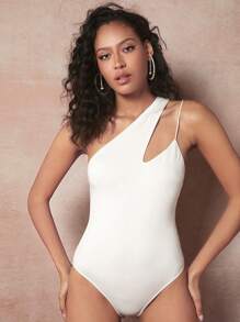 evoluSHEIN X Anitta One Shoulder Cut Out Bodysuit - White - View 1
