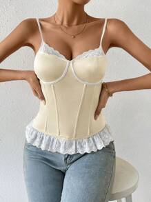 SHEIN Privé Áo khoác và áo lót dành cho xe tăng nữ Tương phản ren Viên lá sen Khối Màu Thanh lịch - Rượu sâm banh - Xem 5