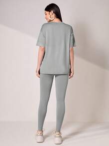 Mulvari 貼布細節落肩T恤和緊身打底褲套裝 - 淺灰色 - 查看 2