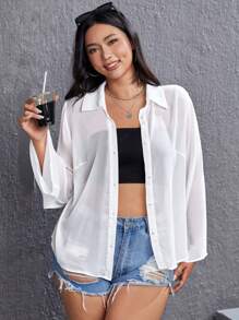 SHEIN EZwear Áo sơ mi Plus Size cắt Nút phía trước màu trơn Giải trí - trắng - Xem 1
