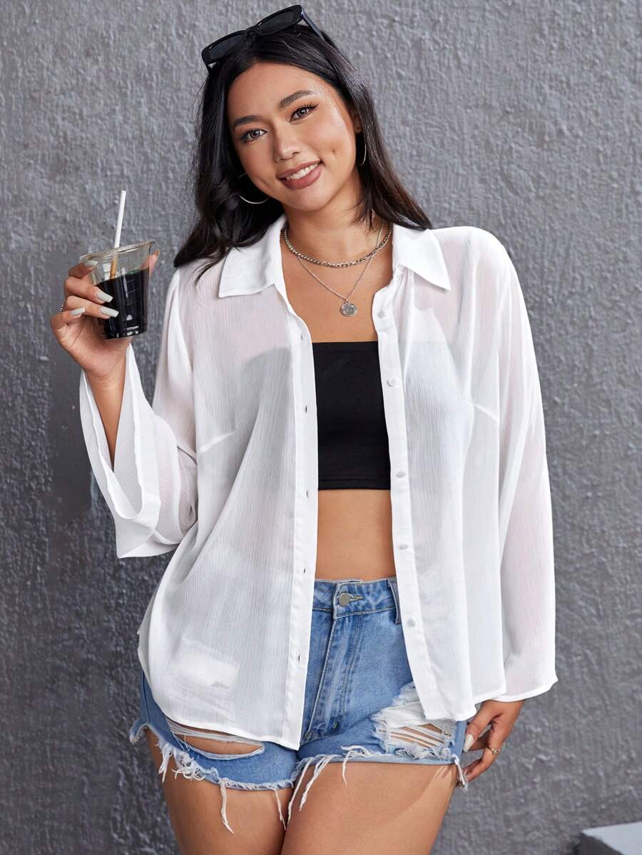 SHEIN EZwear Áo sơ mi Plus Size cắt Nút phía trước màu trơn Giải trí - trắng - Xem 1