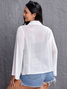 SHEIN EZwear Áo sơ mi Plus Size cắt Nút phía trước màu trơn Giải trí - trắng - Xem 2