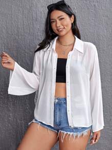 SHEIN EZwear Áo sơ mi Plus Size cắt Nút phía trước màu trơn Giải trí - trắng - Xem 3
