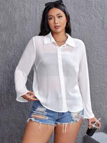 SHEIN EZwear Áo sơ mi Plus Size cắt Nút phía trước màu trơn Giải trí - trắng - Xem 4
